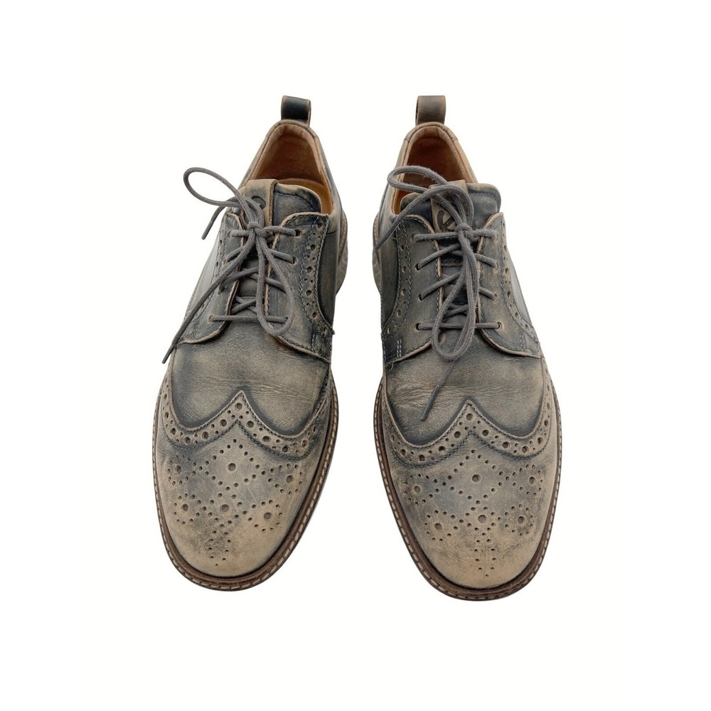 ECCO ST1 Hybrid Wingtip Brogue Oxford Gray Tan‎ Burnish Leather Men 8 Dress Shoe